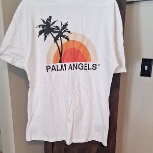 Palm Angels White Tee with Palm Tree and Sunset Design
